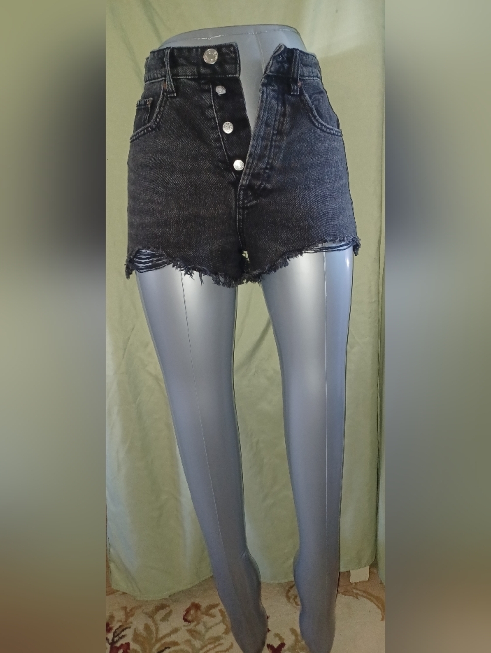 Zara Black Distressed High-Waist Button Fly Denim Ripped Shorts
